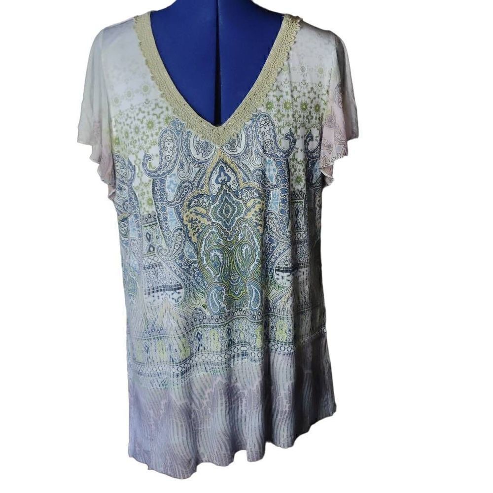 One World Women's Paisley Pattern Embellished Stone Lace Blouse White XL